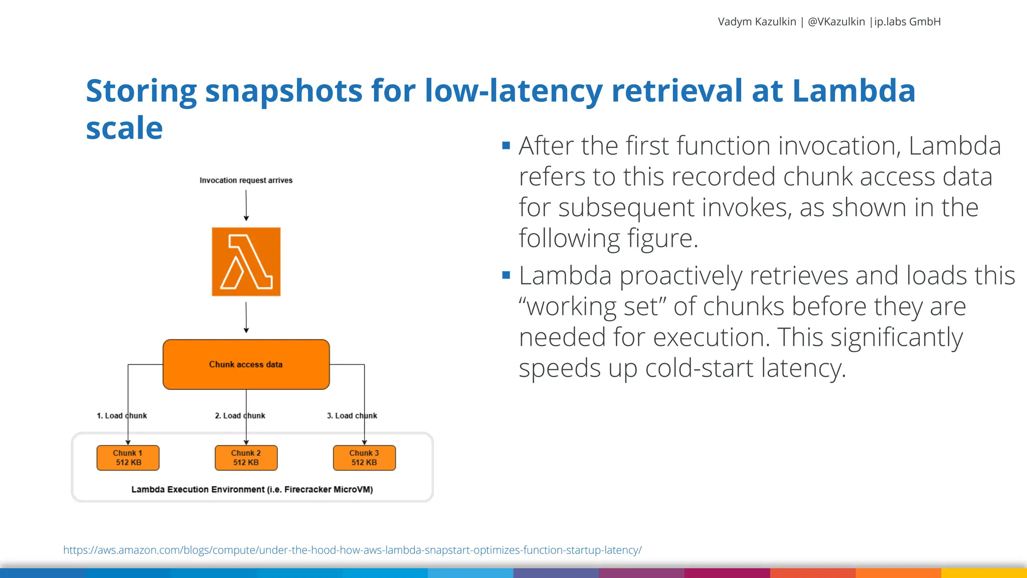 Vadym Kazulkin | @VKazulkin |ip.labs GmbH Storing snapshots for low-latency retrieval at Lambda scale 50 https://aws.amazon.com/blogs/compute/under-the-hood-how-aws-lambda-snapstart-optimizes-function-startup-latency/ ▪ After the first function invocation, Lambda refers to this recorded chunk access data for subsequent invokes, as shown in the following figure. ▪ Lambda proactively retrieves and loads this “working set” of chunks before they are needed for execution. This significantly speeds up cold-start latency. 