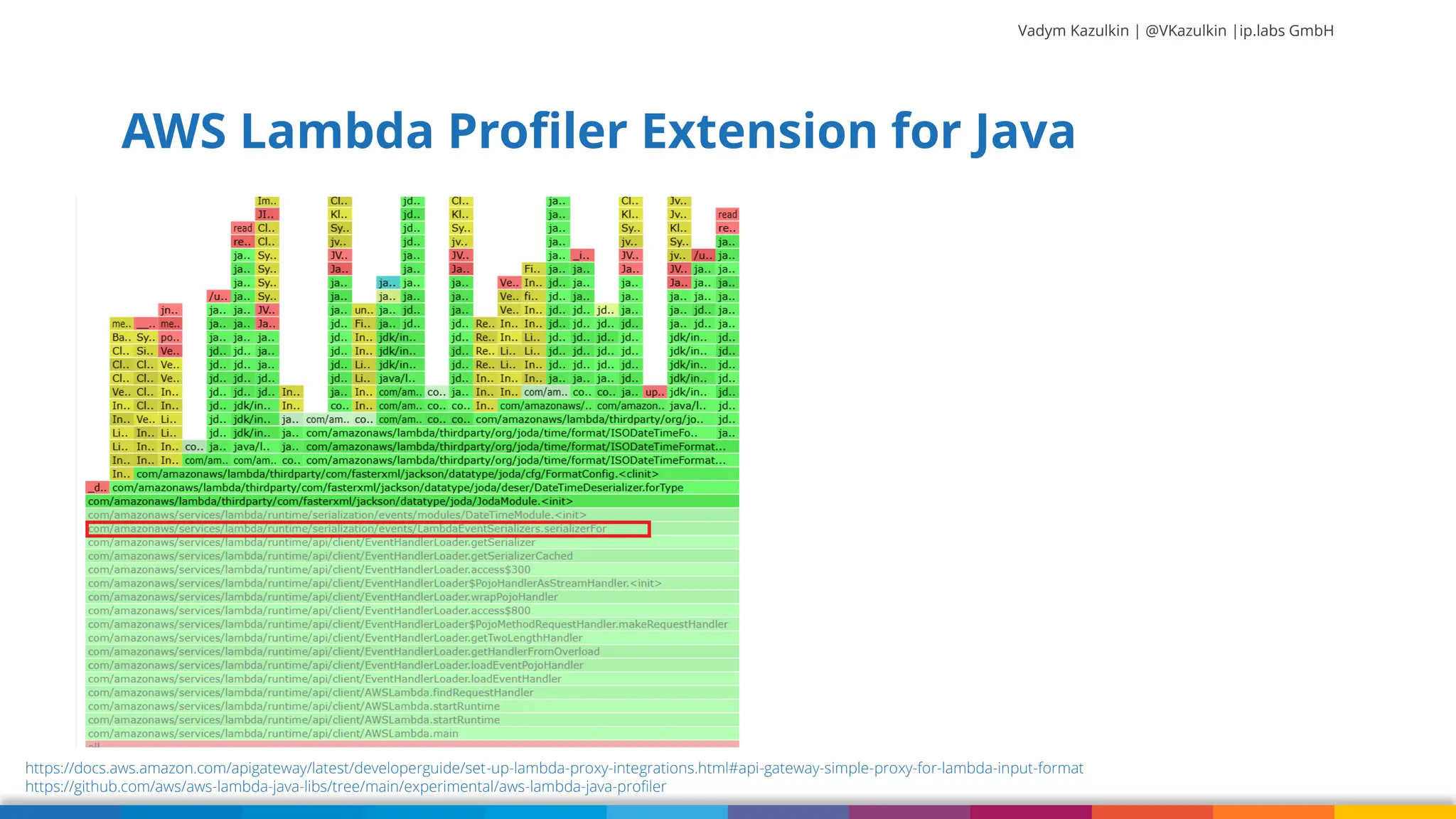Vadym Kazulkin | @VKazulkin |ip.labs GmbH AWS Lambda Profiler Extension for Java https://docs.aws.amazon.com/apigateway/latest/developerguide/set-up-lambda-proxy-integrations.html#api-gateway-simple-proxy-for-lambda-input-format https://github.com/aws/aws-lambda-java-libs/tree/main/experimental/aws-lambda-java-profiler 