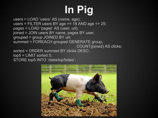 In Pig
users = LOAD ‘users’ AS (name, age);
users = FILTER users BY age >= 18 AND age <= 25;
pages = LOAD ‘pages’ AS (user, url);
joined = JOIN users BY name, pages BY user;
grouped = group JOINED BY url;
summed = FOREACH grouped GENERATE group,
                                   COUNT(joined) AS clicks;
sorted = ORDER summed BY clicks DESC;
top5 = LIMIT sorted 5;
STORE top5 INTO ‘/data/top5sites’;
 