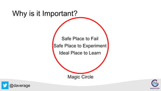 @daverage
Why is it Important?
Safe Place to Fail
Safe Place to Experiment
Ideal Place to Learn
Magic Circle
 