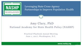 1
Amy Clary, PhD
National Academy for State Health Policy (NASHP)
Leveraging State Cross-Agency
Partnerships to Improve Population Health
Practical Playbook Annual Meeting
June 1, 2017; Washington, D.C.
www.nashp.org
 