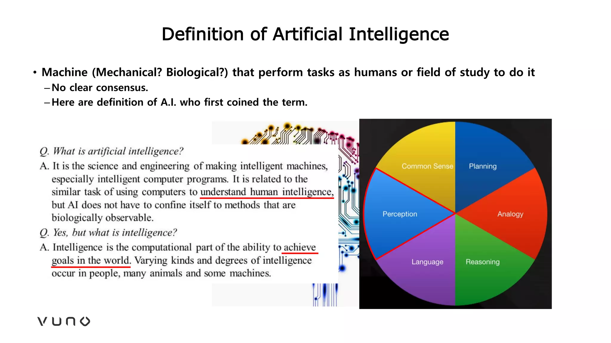 Definition of Artificial Intelligence
• Machine (Mechanical? Biological?) that perform tasks as humans or field of study to do it
–No clear consensus.
–Here are definition of A.I. who first coined the term.
 