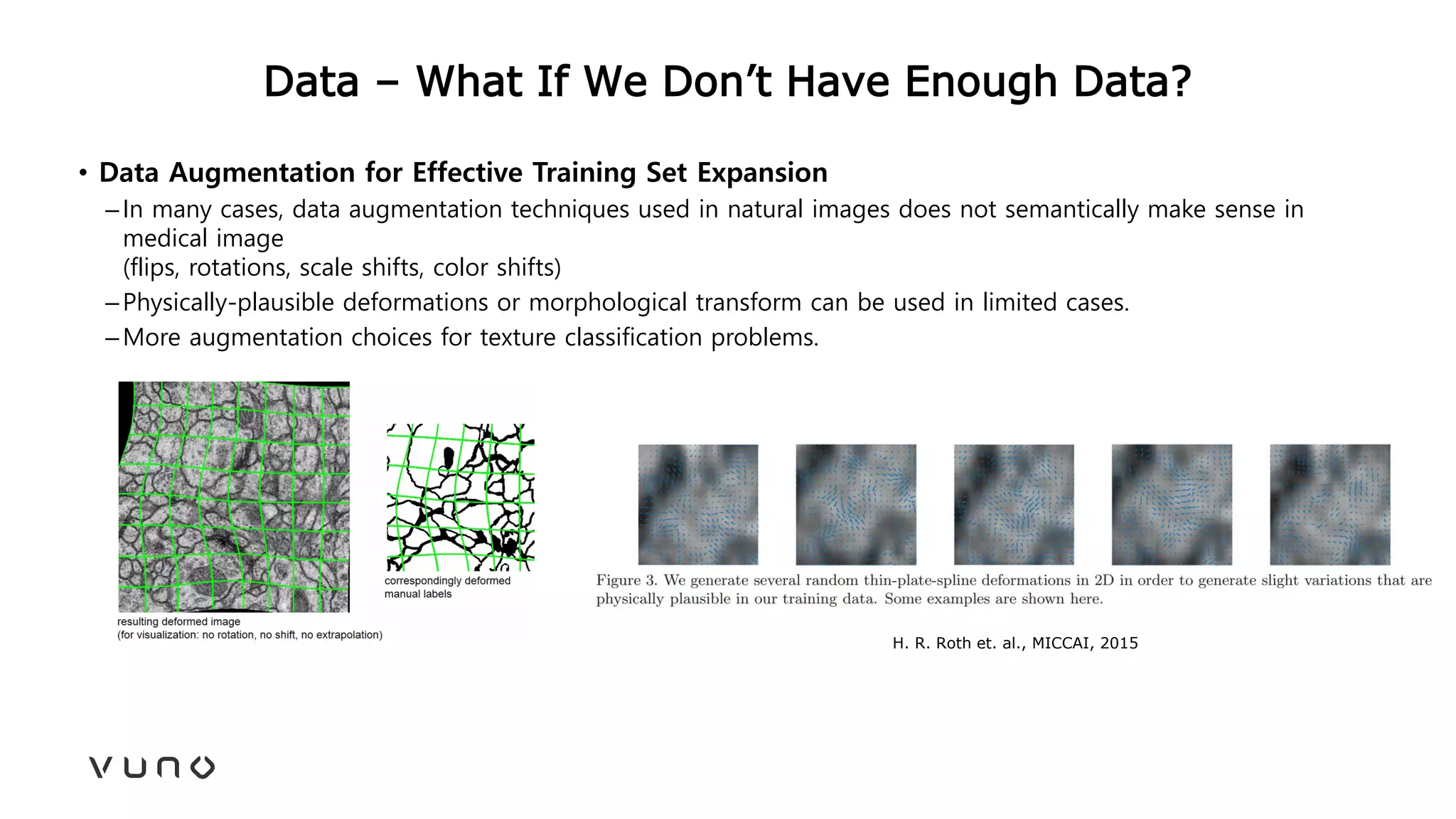 Data – What If We Don’t Have Enough Data?
• Data Augmentation for Effective Training Set Expansion
–In many cases, data augmentation techniques used in natural images does not semantically make sense in
medical image
(flips, rotations, scale shifts, color shifts)
–Physically-plausible deformations or morphological transform can be used in limited cases.
–More augmentation choices for texture classification problems.
H. R. Roth et. al., MICCAI, 2015
 