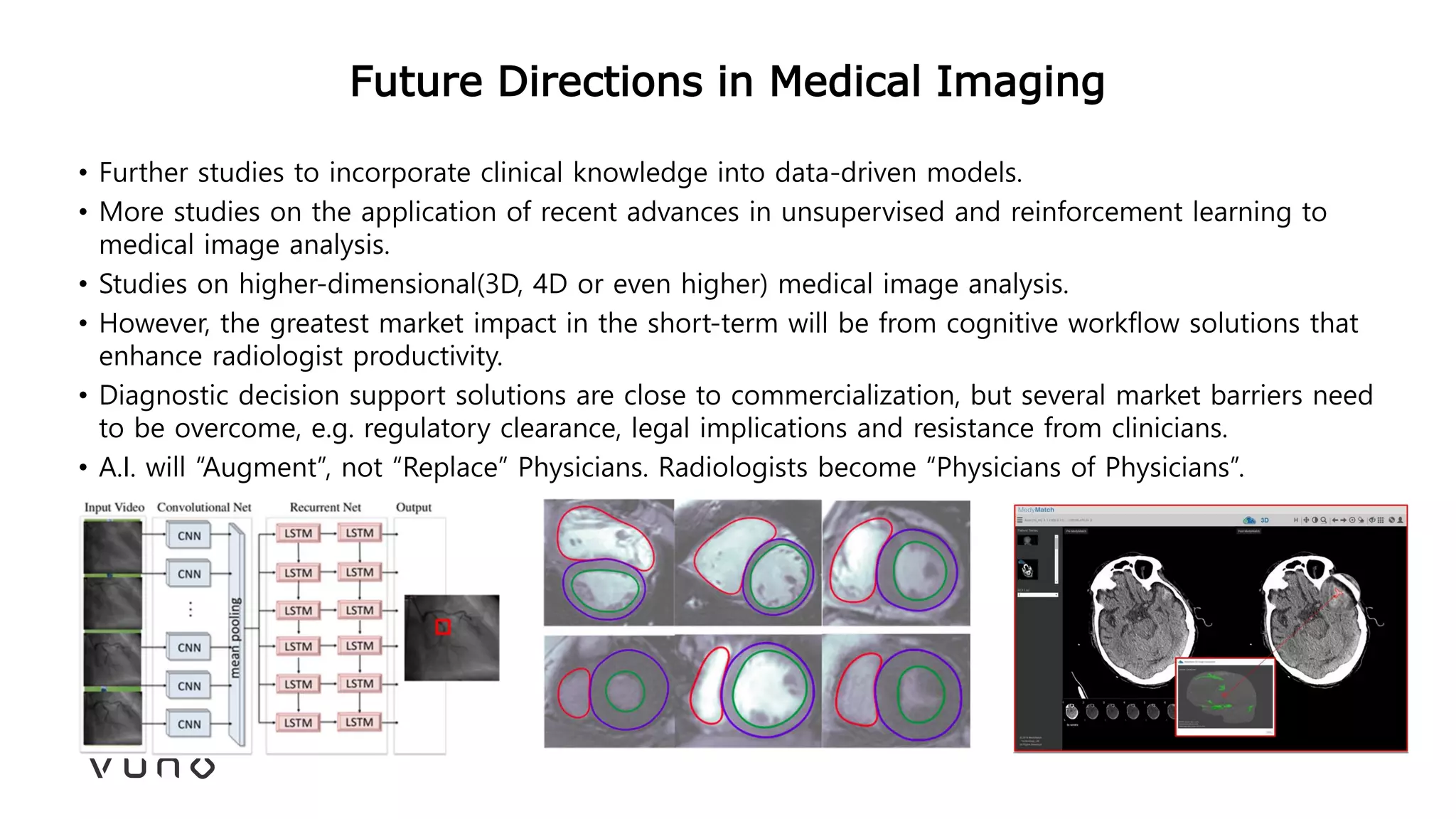 Future Directions in Medical Imaging
• Further studies to incorporate clinical knowledge into data-driven models.
• More studies on the application of recent advances in unsupervised and reinforcement learning to
medical image analysis.
• Studies on higher-dimensional(3D, 4D or even higher) medical image analysis.
• However, the greatest market impact in the short-term will be from cognitive workflow solutions that
enhance radiologist productivity.
• Diagnostic decision support solutions are close to commercialization, but several market barriers need
to be overcome, e.g. regulatory clearance, legal implications and resistance from clinicians.
• A.I. will “Augment”, not “Replace” Physicians. Radiologists become “Physicians of Physicians”.
 