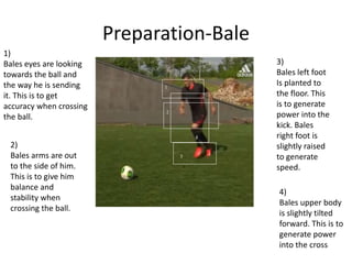 Preparation-Bale
1
2
4
3
1
2
4
3
1)
Bales eyes are looking
towards the ball and
the way he is sending
it. This is to get
accuracy when crossing
the ball.
2)
Bales arms are out
to the side of him.
This is to give him
balance and
stability when
crossing the ball.
3)
Bales left foot
Is planted to
the floor. This
is to generate
power into the
kick. Bales
right foot is
slightly raised
to generate
speed.
4)
Bales upper body
is slightly tilted
forward. This is to
generate power
into the cross
 