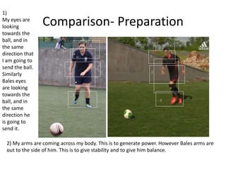 Comparison- Preparation
1
2
3
4
1
2
3
4
1
2
4
3
1
2
3
4
1
2
4
3
1)
My eyes are
looking
towards the
ball, and in
the same
direction that
I am going to
send the ball.
Similarly
Bales eyes
are looking
towards the
ball, and in
the same
direction he
is going to
send it.
2) My arms are coming across my body. This is to generate power. However Bales arms are
out to the side of him. This is to give stability and to give him balance.
 