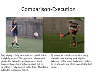 Comparison-Execution
1
5
1
2
3
4
5
1
2
3
4
5
3/4) My leg is fully extended and my left is foot
is slightly planted. This gives me balance and
power. My extended leg is not very raised.
However bales leg is fully extended, but his
right foot is fully planted to the floor. Also Bales
extended leg is more raised.
5) My upper body from my hips to my
shoulders are leaning back slightly.
Where as bales upper body from his hips
to his shoulder are tilted towards the ball
more.
 