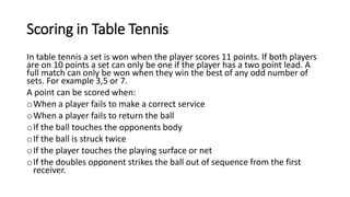 Scoring in Table Tennis
In table tennis a set is won when the player scores 11 points. If both players
are on 10 points a set can only be one if the player has a two point lead. A
full match can only be won when they win the best of any odd number of
sets. For example 3,5 or 7.
A point can be scored when:
oWhen a player fails to make a correct service
oWhen a player fails to return the ball
oIf the ball touches the opponents body
oIf the ball is struck twice
oIf the player touches the playing surface or net
oIf the doubles opponent strikes the ball out of sequence from the first
receiver.
 