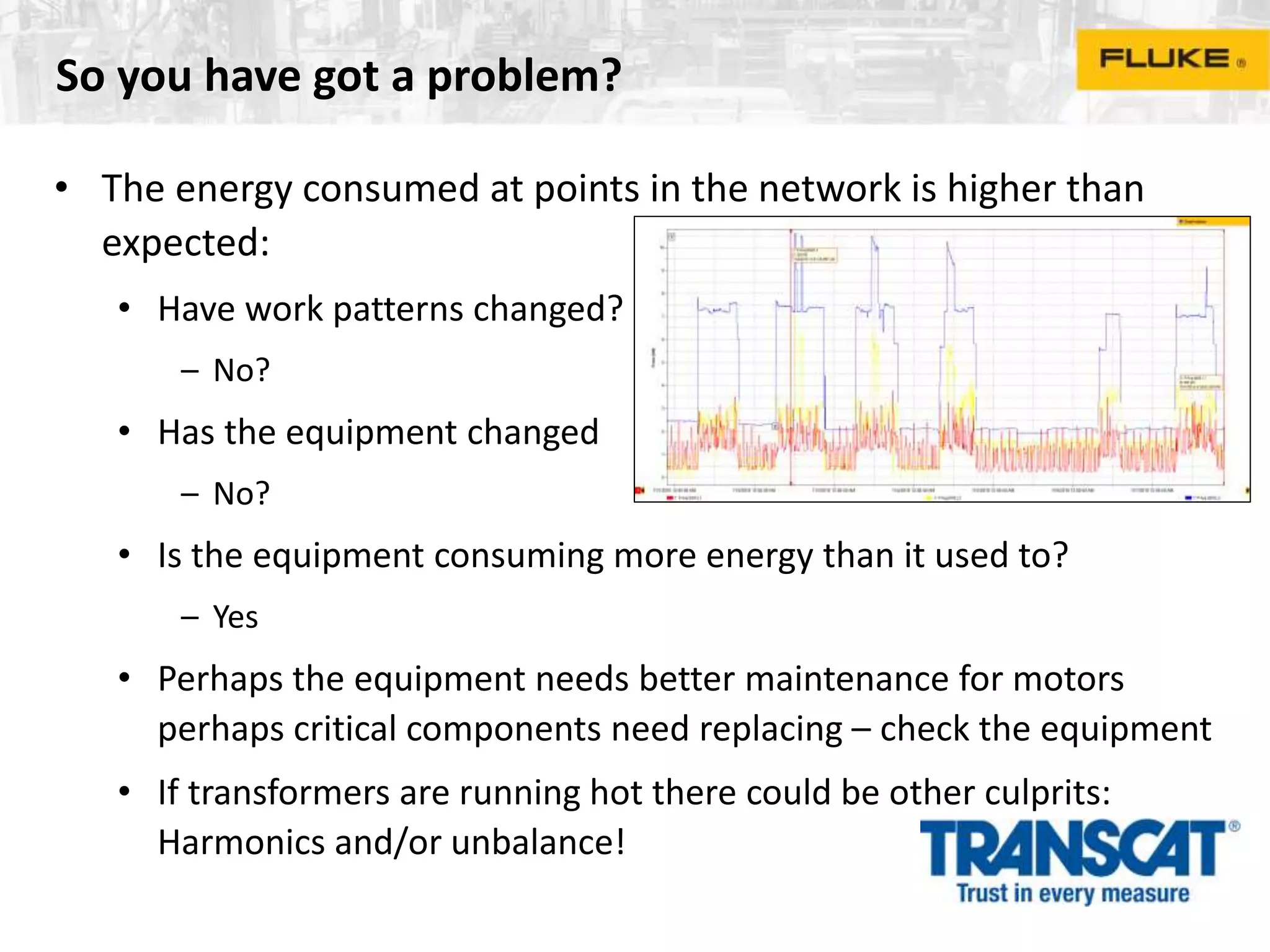 So you have got a problem?
• The energy consumed at points in the network is higher than
expected:
• Have work patterns changed?
– No?
• Has the equipment changed
– No?
• Is the equipment consuming more energy than it used to?
– Yes
• Perhaps the equipment needs better maintenance for motors
perhaps critical components need replacing – check the equipment
• If transformers are running hot there could be other culprits:
Harmonics and/or unbalance!
 