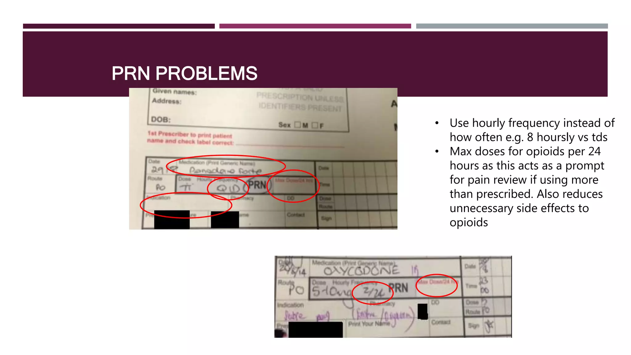 PRN PROBLEMS
• Use hourly frequency instead of
how often e.g. 8 hoursly vs tds
• Max doses for opioids per 24
hours as this acts as a prompt
for pain review if using more
than prescribed. Also reduces
unnecessary side effects to
opioids
 