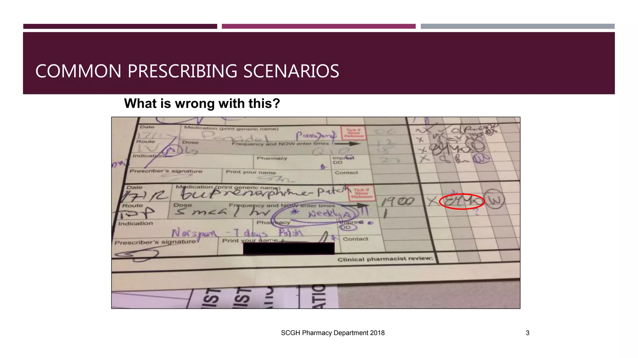 SCGH Pharmacy Department 2018 3
What is wrong with this?
COMMON PRESCRIBING SCENARIOS
 