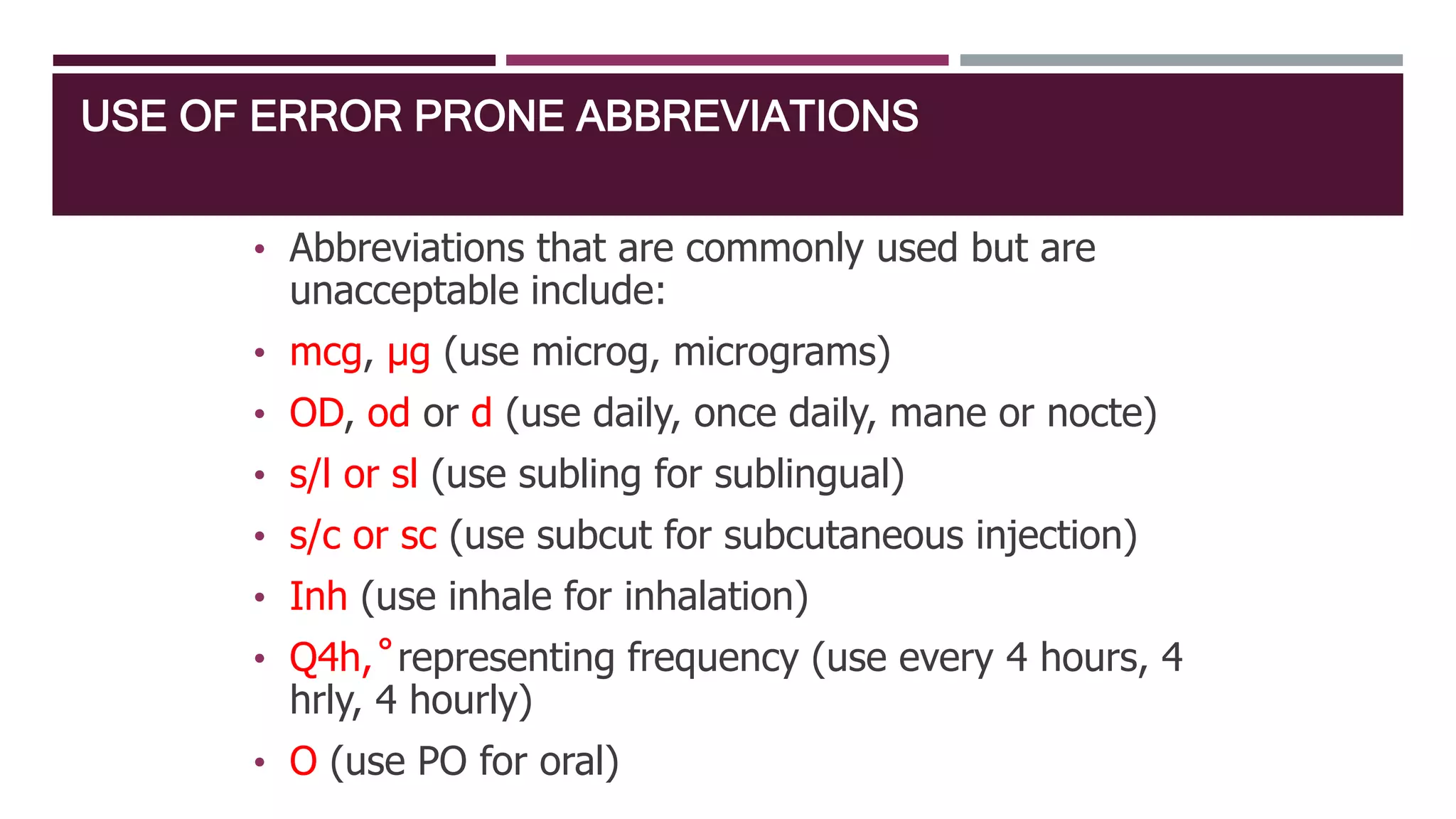 USE OF ERROR PRONE ABBREVIATIONS
• Abbreviations that are commonly used but are
unacceptable include:
• mcg, μg (use microg, micrograms)
• OD, od or d (use daily, once daily, mane or nocte)
• s/l or sl (use subling for sublingual)
• s/c or sc (use subcut for subcutaneous injection)
• Inh (use inhale for inhalation)
• Q4h, ̊ representing frequency (use every 4 hours, 4
hrly, 4 hourly)
• O (use PO for oral)
 
