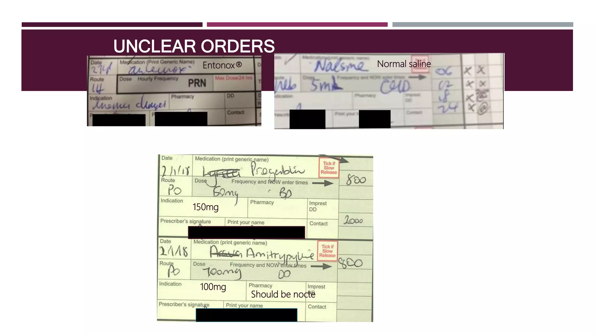 UNCLEAR ORDERS
Entonox® Normal saline
150mg
100mg
Should be nocte
 