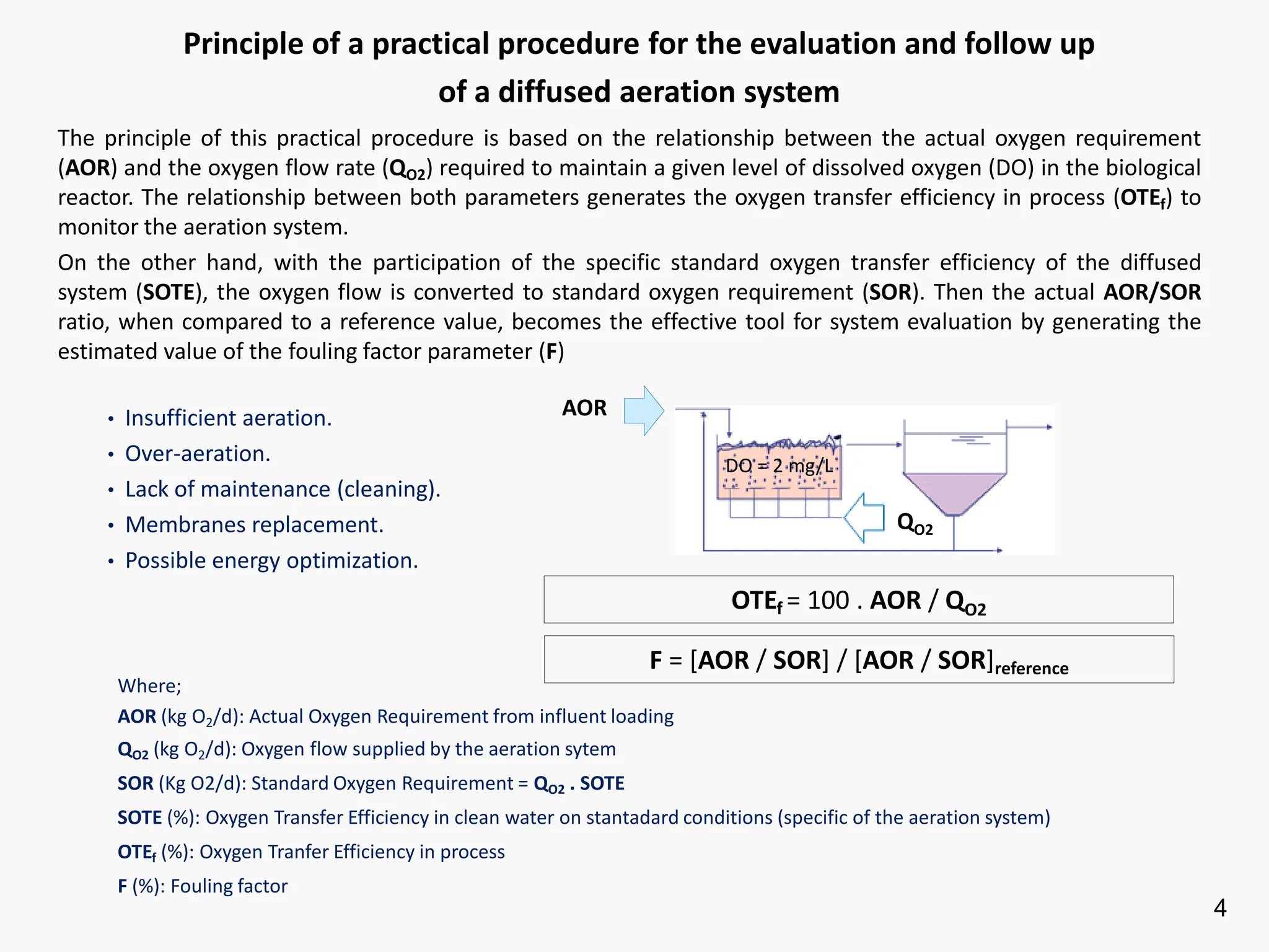 4
Principle of a practical procedure for the evaluation and follow up
of a diffused aeration system
The principle of this practical procedure is based on the relationship between the actual oxygen requirement
(AOR) and the oxygen flow rate (QO2) required to maintain a given level of dissolved oxygen (DO) in the biological
reactor. The relationship between both parameters generates the oxygen transfer efficiency in process (OTEf) to
monitor the aeration system.
On the other hand, with the participation of the specific standard oxygen transfer efficiency of the diffused
system (SOTE), the oxygen flow is converted to standard oxygen requirement (SOR). Then the actual AOR/SOR
ratio, when compared to a reference value, becomes the effective tool for system evaluation by generating the
estimated value of the fouling factor parameter (F)
Where;
AOR (kg O2/d): Actual Oxygen Requirement from influent loading
QO2 (kg O2/d): Oxygen flow supplied by the aeration sytem
SOR (Kg O2/d): Standard Oxygen Requirement = QO2 . SOTE
SOTE (%): Oxygen Transfer Efficiency in clean water on stantadard conditions (specific of the aeration system)
OTEf (%): Oxygen Tranfer Efficiency in process
F (%): Fouling factor
F = [AOR / SOR] / [AOR / SOR]reference
AOR
QO2
DO = 2 mg/L
OTEf = 100 . AOR / QO2
• Insufficient aeration.
• Over-aeration.
• Lack of maintenance (cleaning).
• Membranes replacement.
• Possible energy optimization.
 