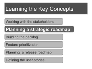 Learning the Key Concepts Working with the stakeholders Planning a strategic roadmap Building the backlog Defining the user stories Planning  a release roadmap Feature prioritization 