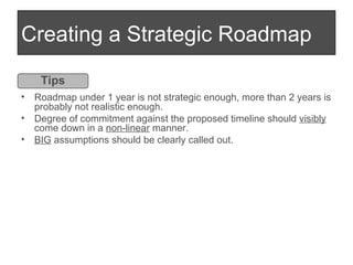 Creating a Strategic Roadmap <ul><li>Roadmap under 1 year is not strategic enough, more than 2 years is probably not reali...