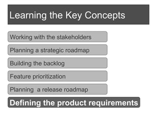 Learning the Key Concepts Working with the stakeholders Planning a strategic roadmap Building the backlog Defining the pro...