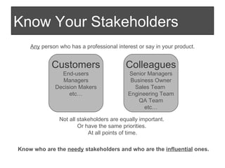 Know Your Stakeholders <ul><li>Any  person who has a professional interest or say in your product. </li></ul>Customers End...