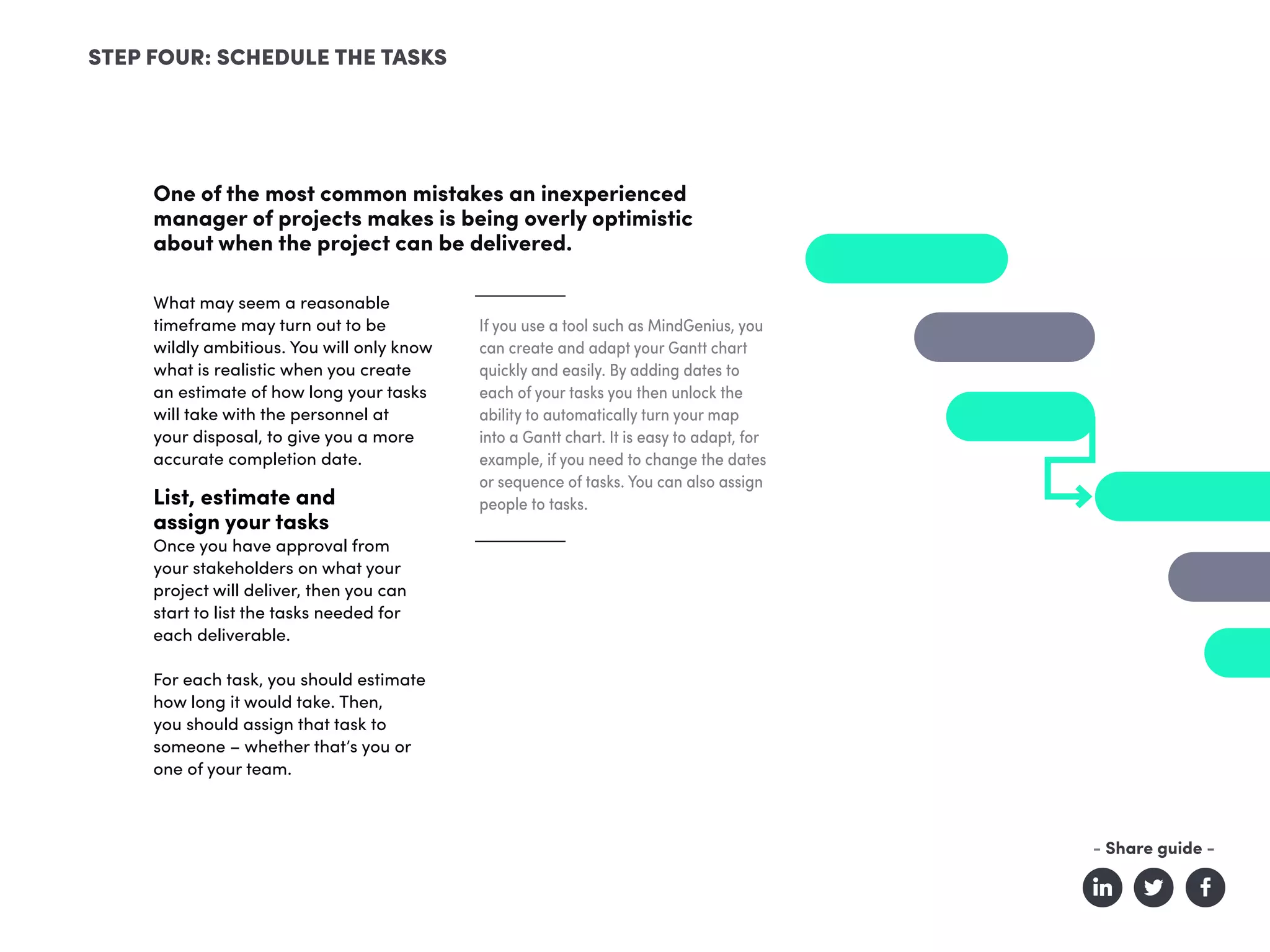 One of the most common mistakes an inexperienced
manager of projects makes is being overly optimistic
about when the project can be delivered.
STEP FOUR: SCHEDULE THE TASKS
What may seem a reasonable
timeframe may turn out to be
wildly ambitious. You will only know
what is realistic when you create
an estimate of how long your tasks
will take with the personnel at
your disposal, to give you a more
accurate completion date.
List, estimate and
assign your tasks
Once you have approval from
your stakeholders on what your
project will deliver, then you can
start to list the tasks needed for
each deliverable.
For each task, you should estimate
how long it would take. Then,
you should assign that task to
someone – whether that’s you or
one of your team.
If you use a tool such as MindGenius, you
can create and adapt your Gantt chart
quickly and easily. By adding dates to
each of your tasks you then unlock the
ability to automatically turn your map
into a Gantt chart. It is easy to adapt, for
example, if you need to change the dates
or sequence of tasks. You can also assign
people to tasks.
- Share guide -
 