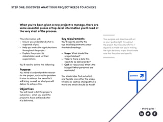 SUMMIT
When you’ve been given a new project to manage, there are
some essential pieces of top-level information you’ll need at
the very start of the process.
STEP ONE: DISCOVER WHAT YOUR PROJECT NEEDS TO ACHIEVE
This information will:
•	 Ensure you understand what is
expected of you	
•	 Help you make the right decisions
throughout the project
•	 Explain the project to
stakeholders and set their
expectations
You’ll need to define the following:
Purpose
You need to understand the reason
for the project, such as the problem
it aims to solve or the benefits it
will bring, as well as what you will
deliver to achieve this.
Objectives
You will need to list the project’s
outcomes – what you want the
project to have achieved after
it is delivered.
Key requirements
You’ll need to identify the
top-level requirements under
the three headings:
•	 Scope: What should the
project deliver?
•	 Time: Is there a date this
needs to be delivered by?
•	 Cost (or resources): What’s the
budget? What personnel are
available?
You should also find out which
are flexible: can either the scope,
timeline or cost be changed? Or is
there one which should be fixed?
Your purpose and objectives will act
as your ‘guiding light’ throughout
the project. You’ll need to refer to it
regularly to make sure you’re making
the right decisions, so you should make
sure that they clear and specific.
- Share guide -
 