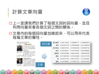 詞向量
計算文章向量
上一堂課我們計算了每個文詞的詞向量，並且
利用向量來看各個文詞之間的關係。
文章內的每個詞向量加總起來，可以用來代表
每篇文章的屬性。
文章
169
 