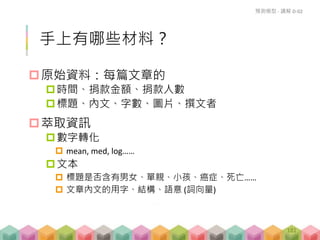 手上有哪些材料？
原始資料：每篇文章的
時間、捐款金額、捐款人數
標題、內文、字數、圖片、撰文者
萃取資訊
數字轉化
 mean, med, log……
文本
 標題是否含有男女、單親、小孩、癌症、死亡……
 文章內文的用字、結構、語意 (詞向量)
預測模型 - 講解 D-02
181
 