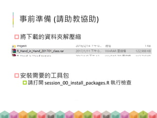 事前準備 (請助教協助)
將下載的資料夾解壓縮
安裝需要的工具包
請打開 session_00_install_packages.R 執行檢查
3
 