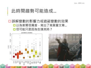 此時間趨勢可能造成…
誤解變數的影響力或遮蔽變數的效果
以為索爾很厲害，寫出了高質量文章…
但可能只是因為生逢其時？
EDA – 講解 B-02
91
 