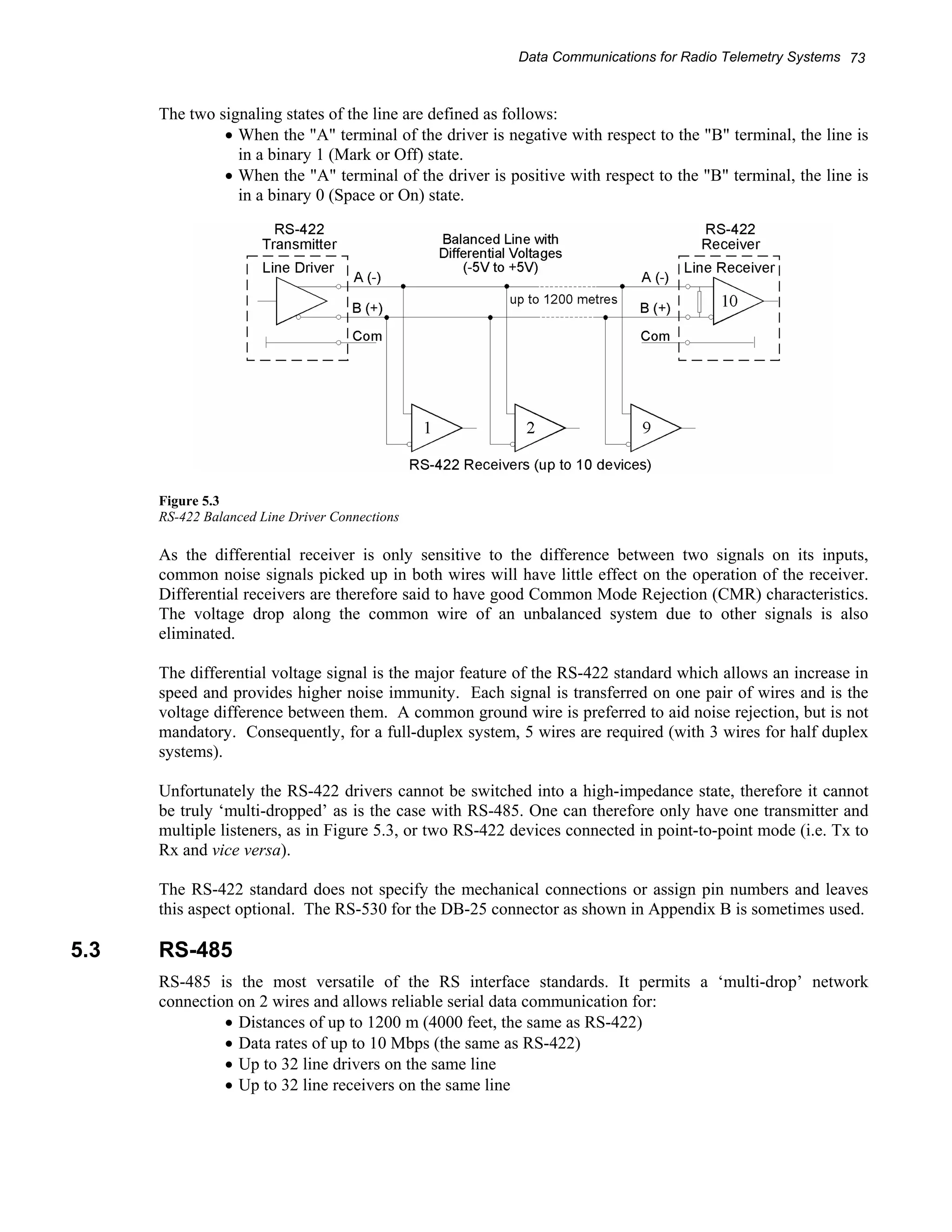 Data Communications for Radio Telemetry Systems 73 
The two signaling states of the line are defined as follows: 
• When the "A" terminal of the driver is negative with respect to the "B" terminal, the line is 
in a binary 1 (Mark or Off) state. 
• When the "A" terminal of the driver is positive with respect to the "B" terminal, the line is 
in a binary 0 (Space or On) state. 
Figure 5.3 
RS-422 Balanced Line Driver Connections 
As the differential receiver is only sensitive to the difference between two signals on its inputs, 
common noise signals picked up in both wires will have little effect on the operation of the receiver. 
Differential receivers are therefore said to have good Common Mode Rejection (CMR) characteristics. 
The voltage drop along the common wire of an unbalanced system due to other signals is also 
eliminated. 
The differential voltage signal is the major feature of the RS-422 standard which allows an increase in 
speed and provides higher noise immunity. Each signal is transferred on one pair of wires and is the 
voltage difference between them. A common ground wire is preferred to aid noise rejection, but is not 
mandatory. Consequently, for a full-duplex system, 5 wires are required (with 3 wires for half duplex 
systems). 
Unfortunately the RS-422 drivers cannot be switched into a high-impedance state, therefore it cannot 
be truly ‘multi-dropped’ as is the case with RS-485. One can therefore only have one transmitter and 
multiple listeners, as in Figure 5.3, or two RS-422 devices connected in point-to-point mode (i.e. Tx to 
Rx and vice versa). 
The RS-422 standard does not specify the mechanical connections or assign pin numbers and leaves 
this aspect optional. The RS-530 for the DB-25 connector as shown in Appendix B is sometimes used. 
5.3 RS-485 
RS-485 is the most versatile of the RS interface standards. It permits a ‘multi-drop’ network 
connection on 2 wires and allows reliable serial data communication for: 
• Distances of up to 1200 m (4000 feet, the same as RS-422) 
• Data rates of up to 10 Mbps (the same as RS-422) 
• Up to 32 line drivers on the same line 
• Up to 32 line receivers on the same line 
 