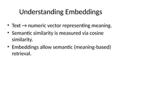 Understanding Embeddings
• Text → numeric vector representing meaning.
• Semantic similarity is measured via cosine
similarity.
• Embeddings allow semantic (meaning-based)
retrieval.
 