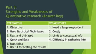 Part 3:
Strengths and Weaknesses of
Quantitative research (Answer Key)
STRENGTHS WEAKNESSES
1. Objective 1. Need a large respondent
2. Uses Statistical Techniques 2. Costly
3. Real and Unbiased 3. Limit to contextual info
4. Quick and Easy 4. Difficulty in gathering info
5. Replicable
6. Useful for testing the results
 