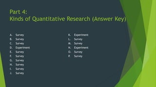 Part 4:
Kinds of Quantitative Research (Answer Key)
A. Survey K. Experiment
B. Survey L. Survey
C. Survey M. Survey
D. Experiment N. Experiment
E. Survey O. Survey
F. Survey P
. Survey
G. Survey
H. Survey
I. Survey
J. Survey
 