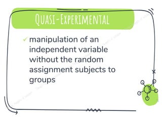 Quasi-Experimental
✓ manipulation of an
independent variable
without the random
assignment subjects to
groups
18
 