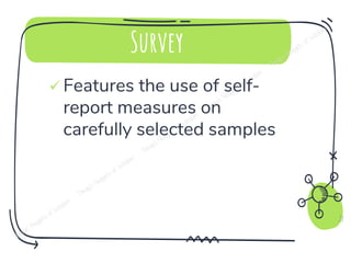 Survey
✓ Features the use of self-
report measures on
carefully selected samples
22
 