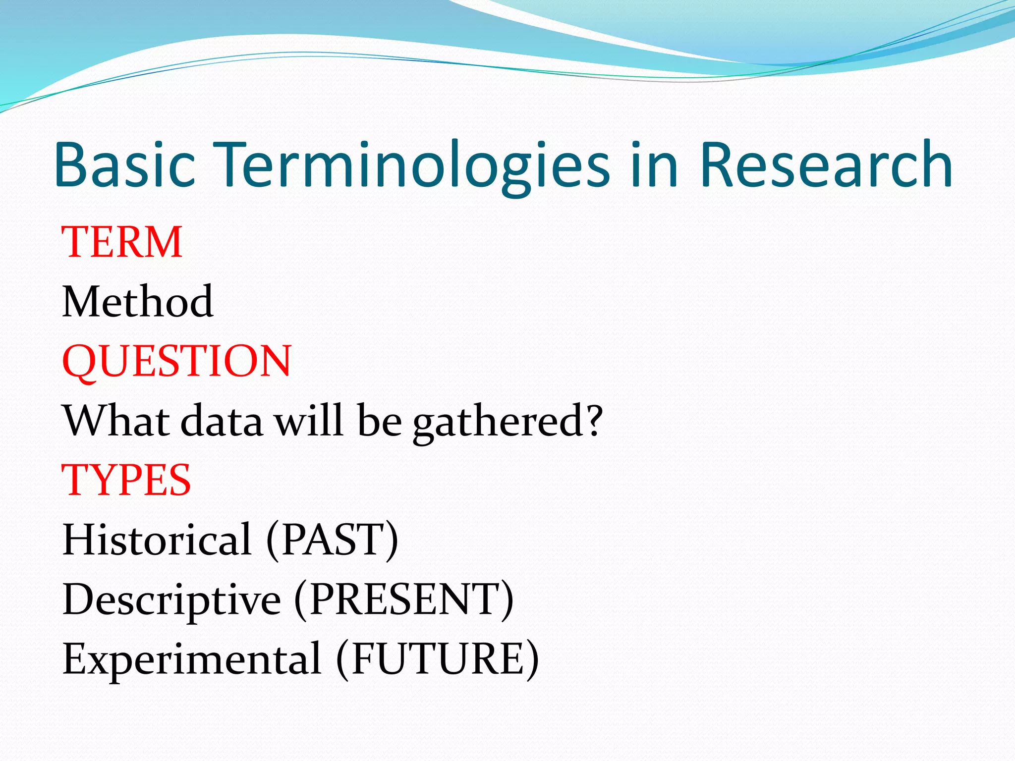 Basic Terminologies in Research
TERM
Method
QUESTION
What data will be gathered?
TYPES
Historical (PAST)
Descriptive (PRESENT)
Experimental (FUTURE)
 