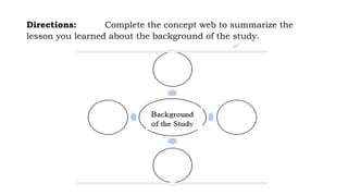 Directions: Complete the concept web to summarize the
lesson you learned about the background of the study.
 