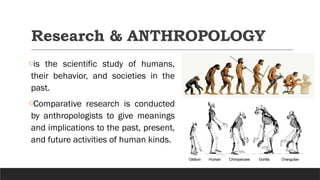 Research & ANTHROPOLOGY
ois the scientific study of humans,
their behavior, and societies in the
past.
oComparative research is conducted
by anthropologists to give meanings
and implications to the past, present,
and future activities of human kinds.
 