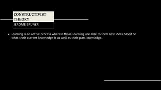 learning is an active process wherein those learning are able to form new ideas based on
what their current knowledge is as well as their past knowledge.
CONSTRUCTIVIST
THEORY
JEROME BRUNER
 