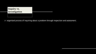  organized process of inquiring about a problem through inspection and assessment.
Inquiry vs.
investigation
 