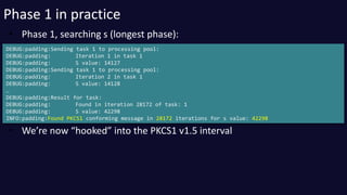 Phase 1 in practice 
• Phase 1, searching s (longest phase): 
DEBUG:padding:Sending task 1 to processing pool: 
DEBUG:padd...