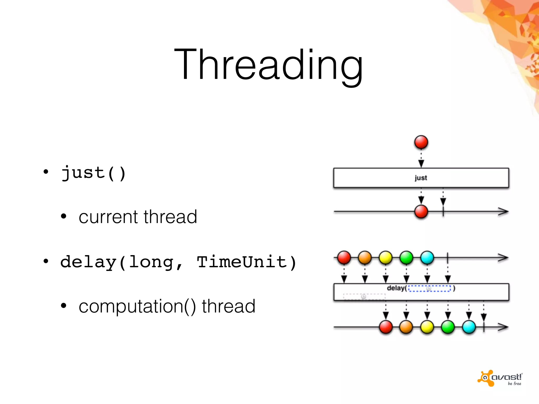 Threading
• just()
• current thread
• delay(long, TimeUnit)
• computation() thread
 
