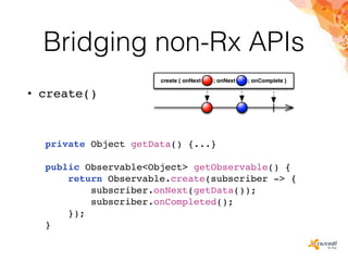 Bridging non-Rx APIs
• create()
private Object getData() {...}
public Observable<Object> getObservable() {
return Observable.create(subscriber -> {
subscriber.onNext(getData());
subscriber.onCompleted();
});
}
 
