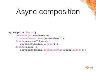 Async composition
apiEndpoint.login()
.doOnNext(accessToken ->
storeCredentials(accessToken))
.flatMap(accessToken ->
serviceEndpoint.getUser())
.flatMap(user ->
serviceEndpoint.getUserContact(user.getId()))
 