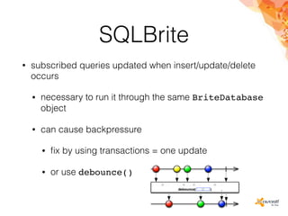 SQLBrite
• subscribed queries updated when insert/update/delete
occurs
• necessary to run it through the same BriteDatabase
object
• can cause backpressure
• ﬁx by using transactions = one update
• or use debounce()
 