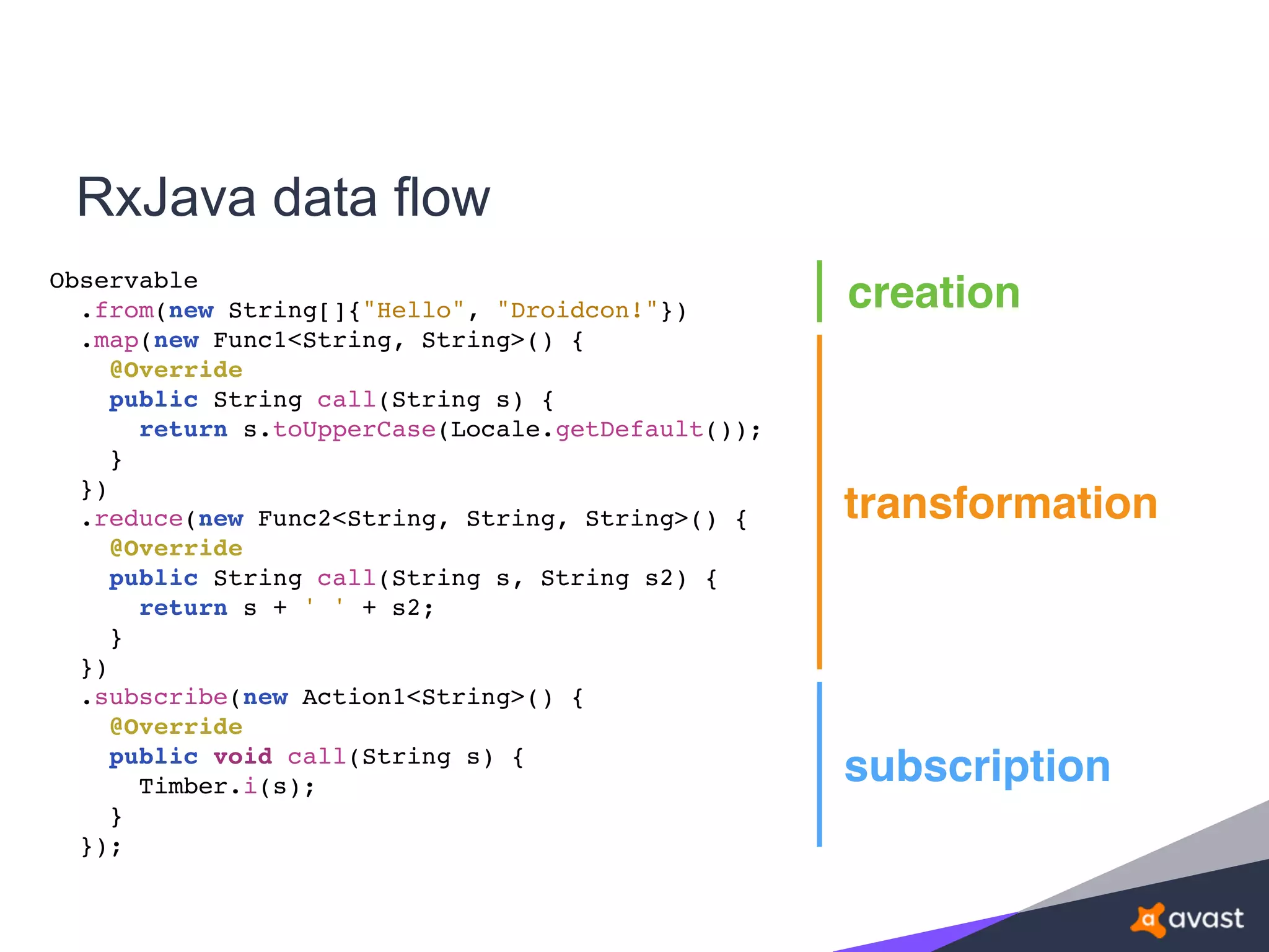 RxJava data flow
Observable
.from(new String[]{"Hello", "Droidcon!"})
.map(new Func1<String, String>() {
@Override
public String call(String s) {
return s.toUpperCase(Locale.getDefault());
}
})
.reduce(new Func2<String, String, String>() {
@Override
public String call(String s, String s2) {
return s + ' ' + s2;
}
})
.subscribe(new Action1<String>() {
@Override
public void call(String s) {
Timber.i(s);
}
});
creation
transformation
subscription
 