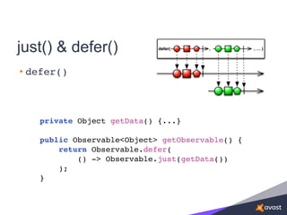 just() & defer()
• defer()
private Object getData() {...}
public Observable<Object> getObservable() {
return Observable.defer(
() -> Observable.just(getData())
);
}
 