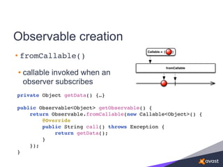 Observable creation
• fromCallable()
• callable invoked when an
observer subscribes
private Object getData() {…}
public Observable<Object> getObservable() {
return Observable.fromCallable(new Callable<Object>() {
@Override
public String call() throws Exception {
return getData();
}
});
}
 