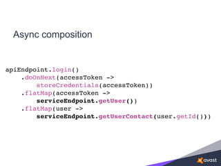 Async composition
apiEndpoint.login()
.doOnNext(accessToken ->
storeCredentials(accessToken))
.flatMap(accessToken ->
serviceEndpoint.getUser())
.flatMap(user ->
serviceEndpoint.getUserContact(user.getId()))
 