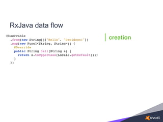 RxJava data flow
Observable
.from(new String[]{"Hello", "Droidcon!"})
.map(new Func1<String, String>() {
@Override
public String call(String s) {
return s.toUpperCase(Locale.getDefault());
}
})
creation
 
