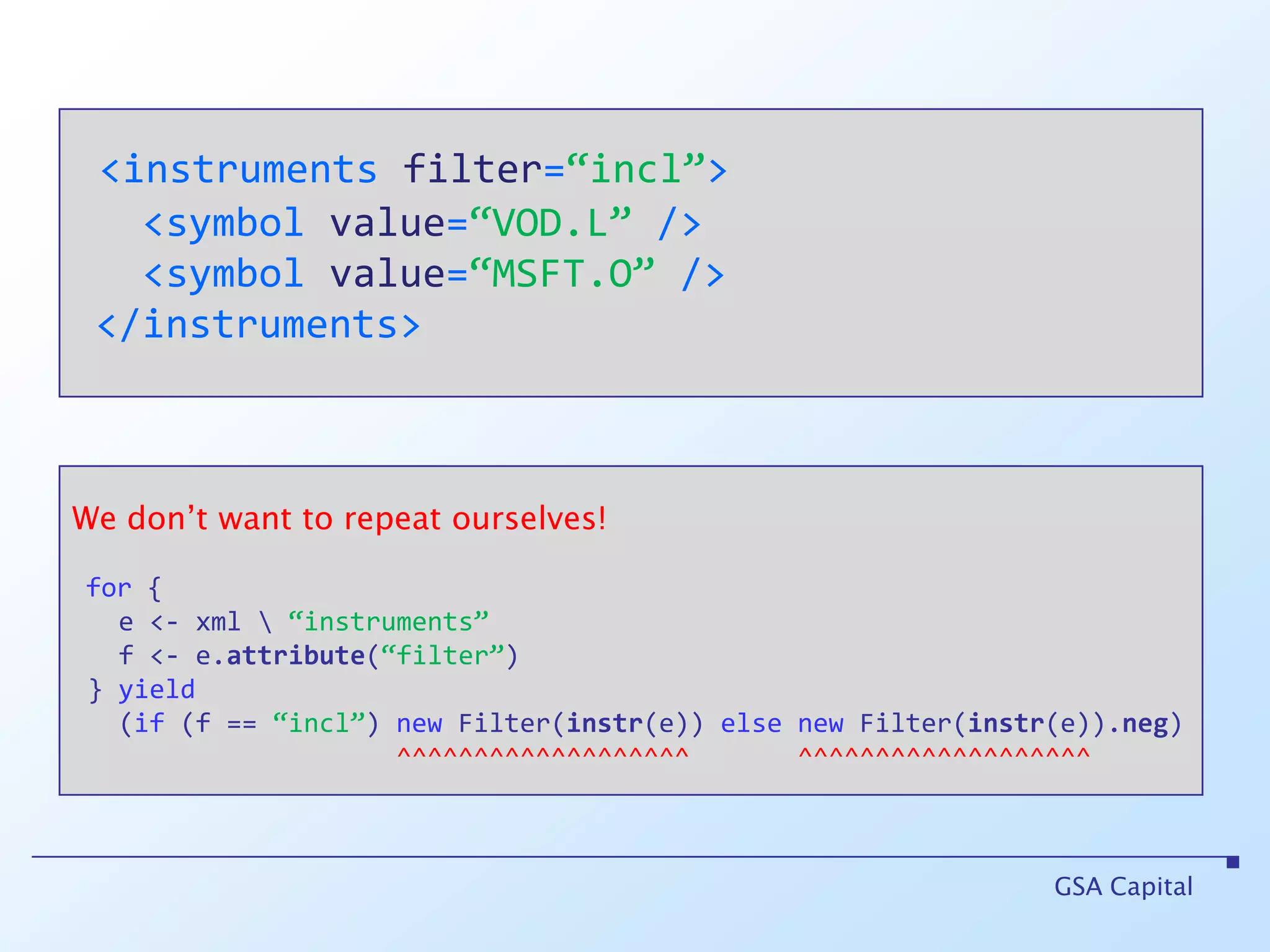 varcharges: Map[Ticker, Money] = Map.emptyimplicit valChargeCcy = Currency.USDdefnewTrade(trd: Trade) {charges += (trd.sym -> ( ~charges.get(trd.sym) |+|trd.charges)) } Where we have defined our own thusimplicit defMoneyZero(implicit ccy: Currency) : Zero[Money]  = zero(Money.zero(ccy))implicit valMoneySemigroup: Semigroup[Money] = semigroup(_ add _)GSA Capital